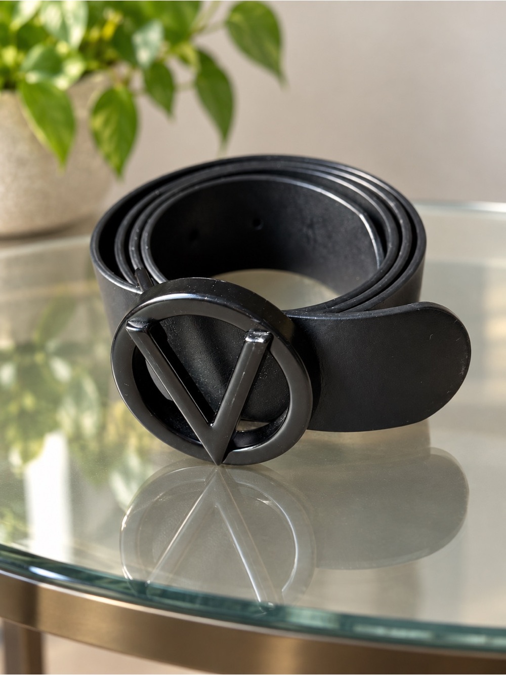 Valentino Black Leather Belt with V Circle Buckle